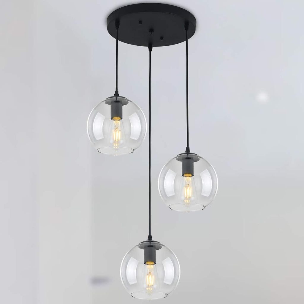 Black Clear Glass Globe 3-Light Pendant Chandelier