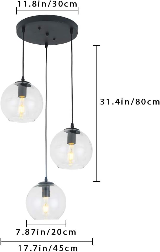Black Clear Glass Globe 3-Light Pendant Chandelier
