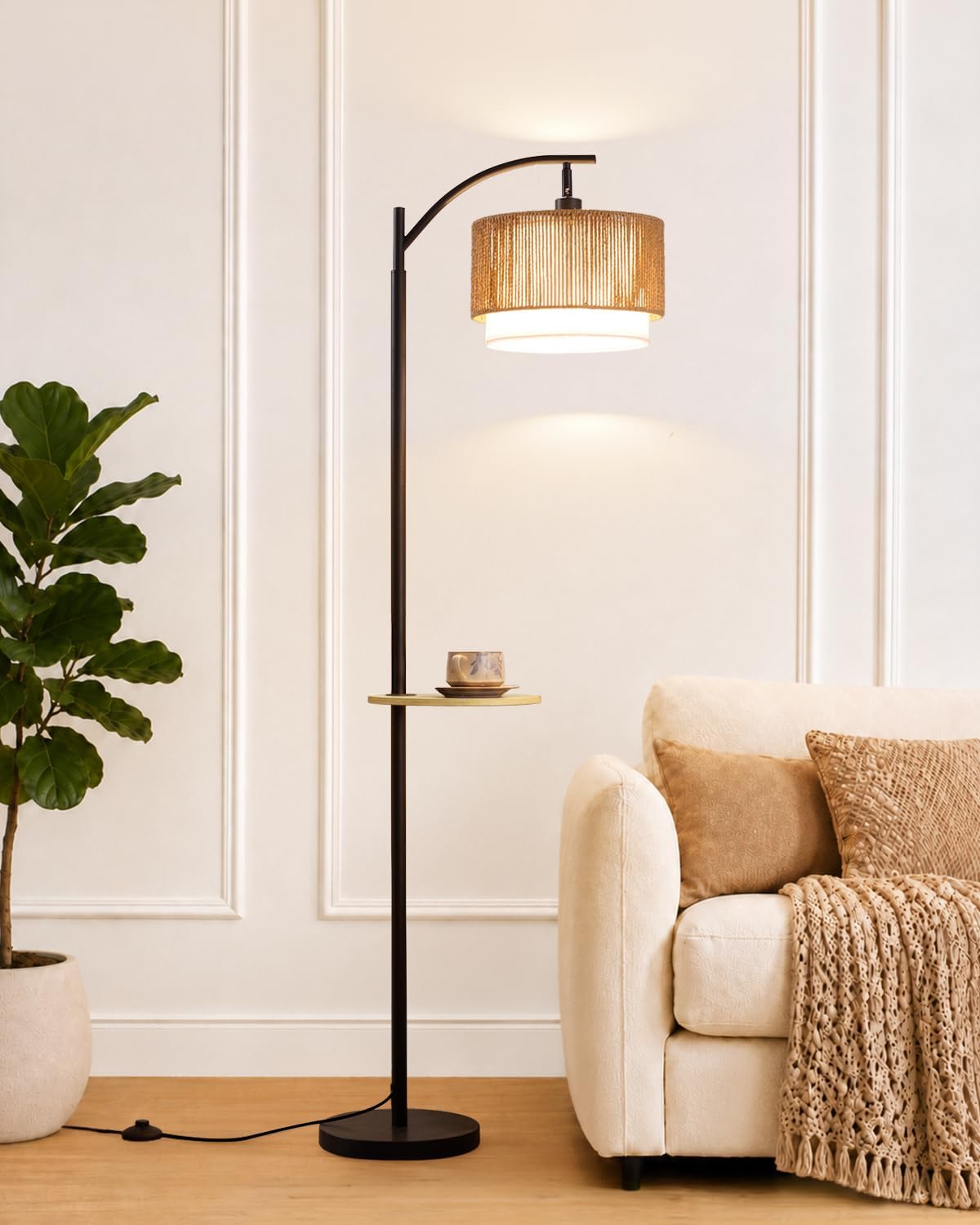 Boho Rattan Side Table Arc Floor Lamp