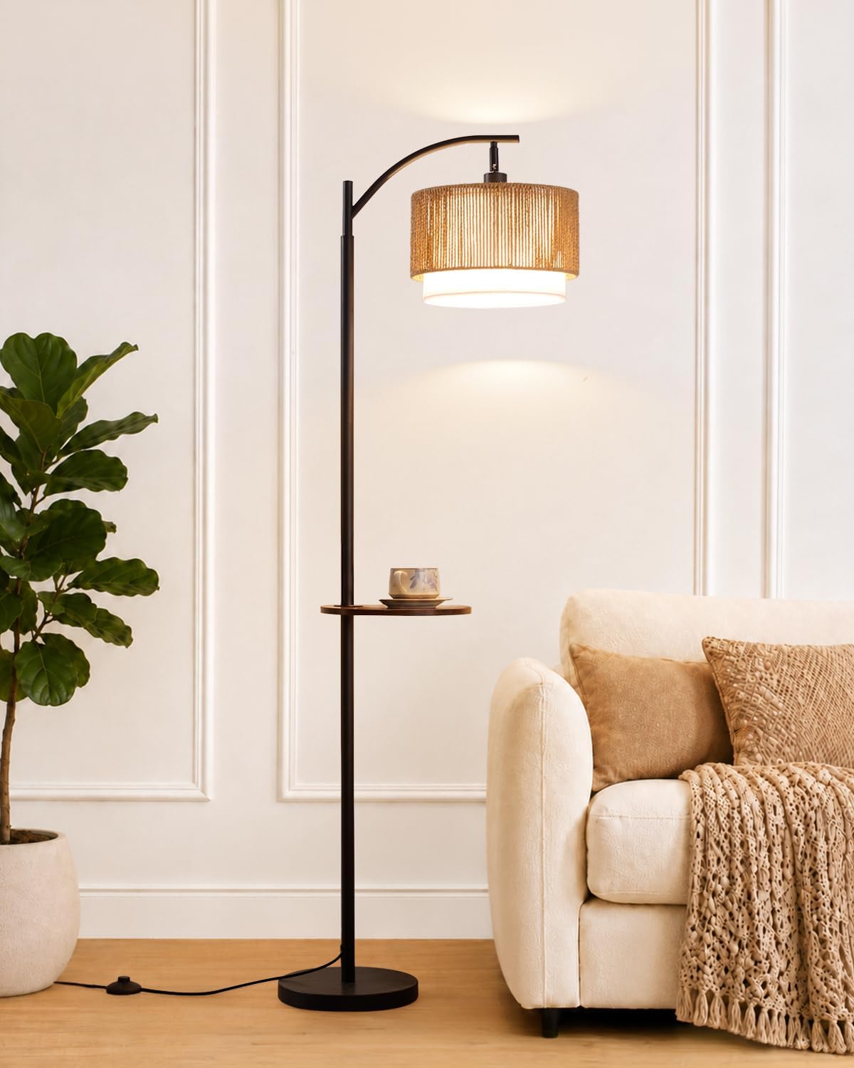 Boho Rattan Side Table Arc Floor Lamp