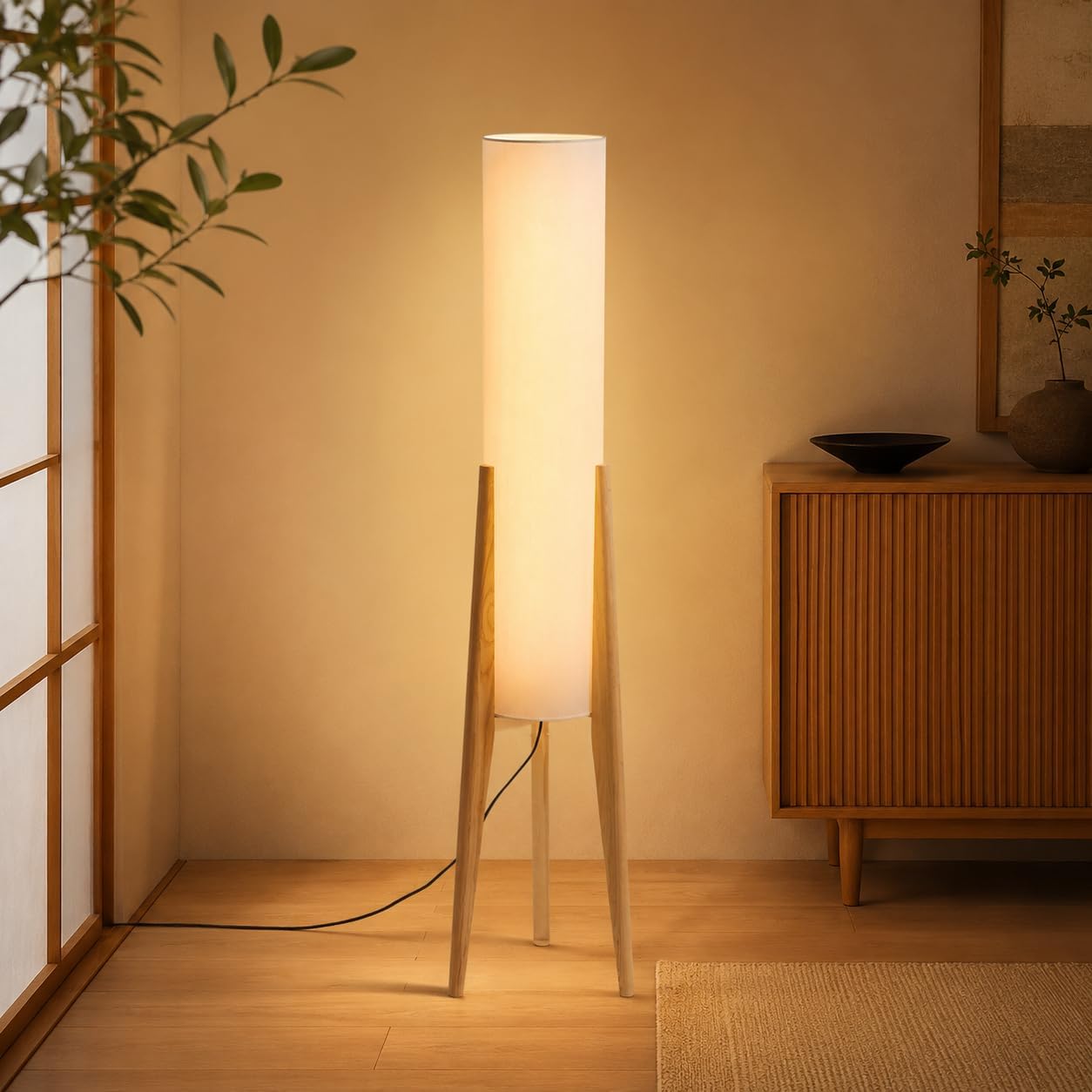 Wood Tripod Drum Shade Farmhouse Floor Lamp