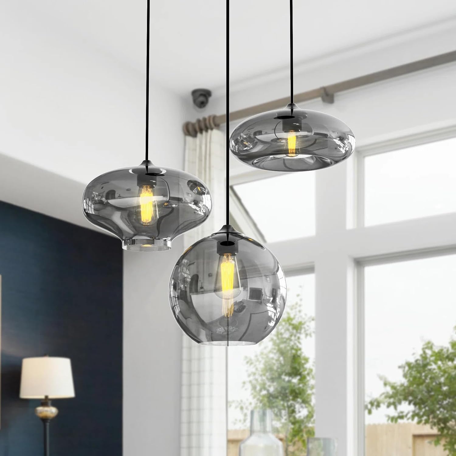 Smoky Gray Globe Black Kitchen Pendant Chandelier