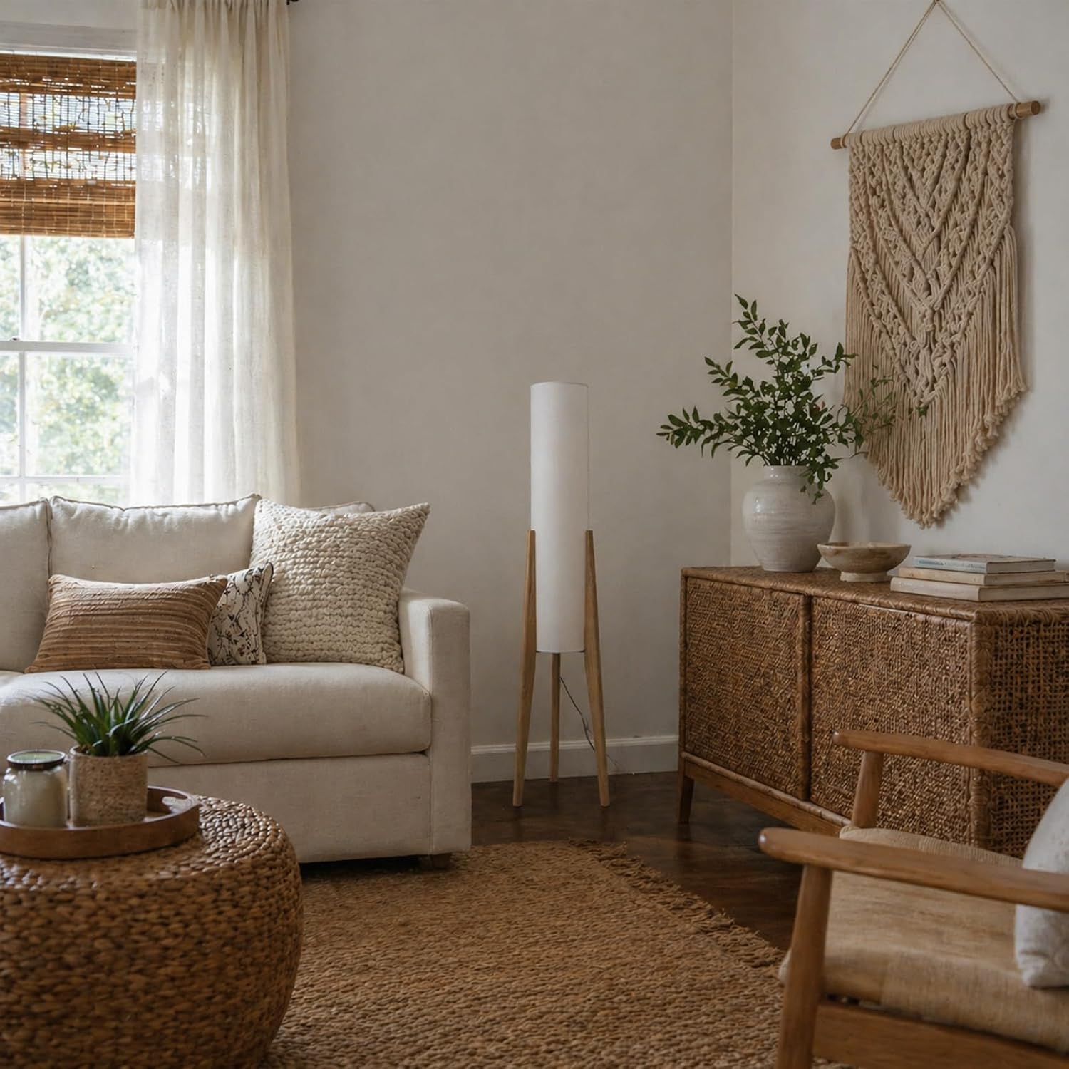 Wood Tripod Drum Shade Farmhouse Floor Lamp