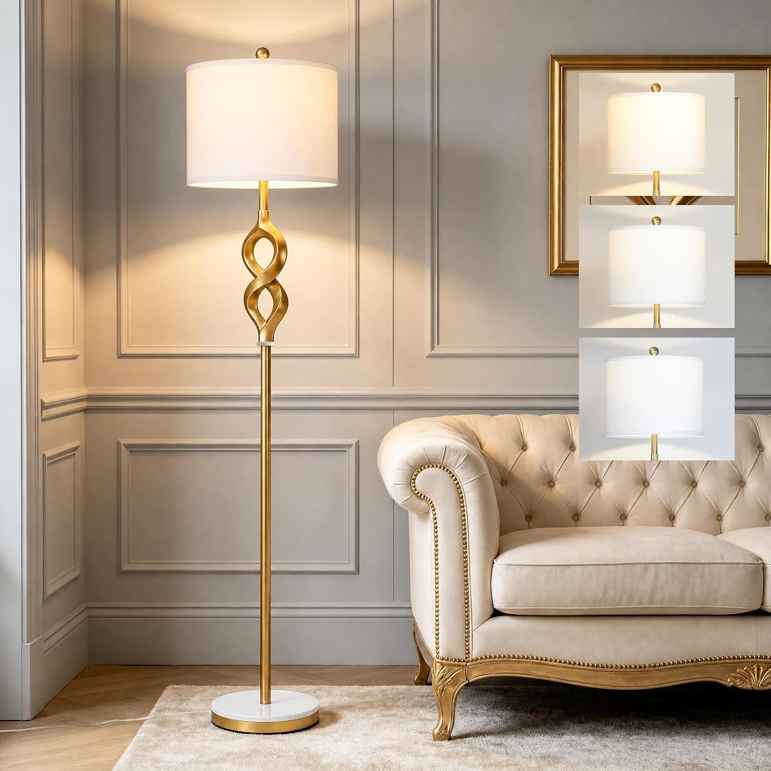 Mid-Century Gold Wood Dual Shade Floor Lamp