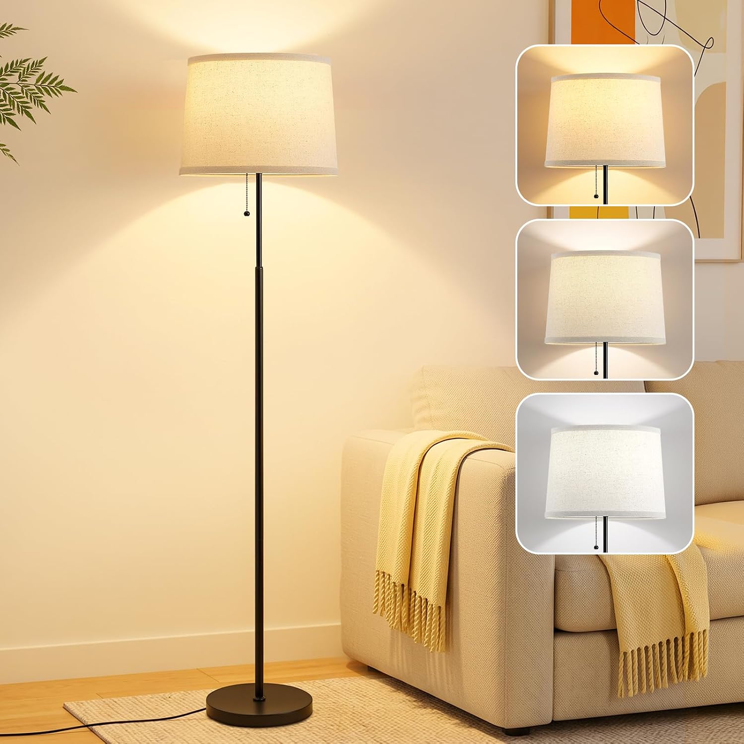 Modern Black Gold Fabric Shade Floor Lamp