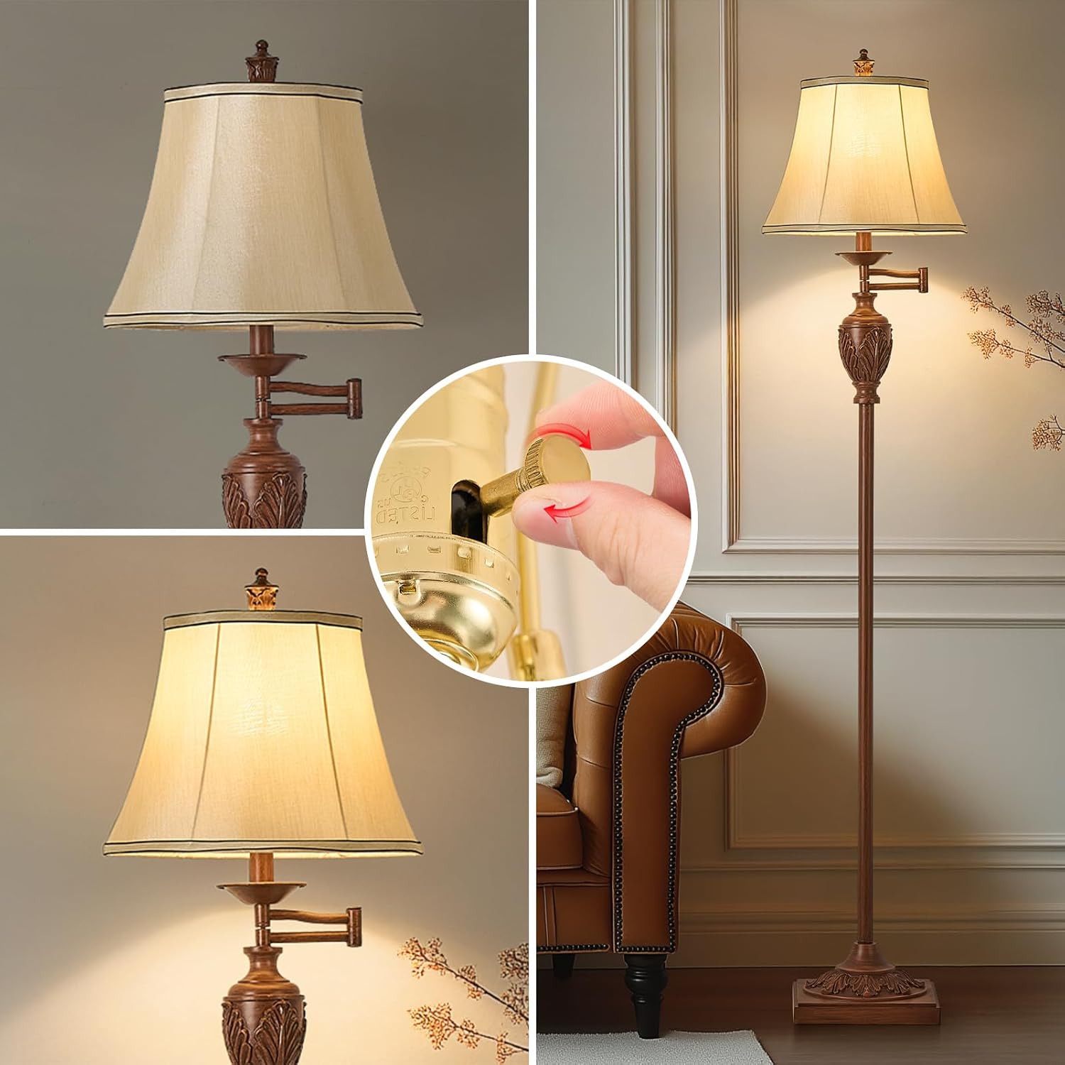 Vintage Swing Arm Silk Shade Floor Lamp