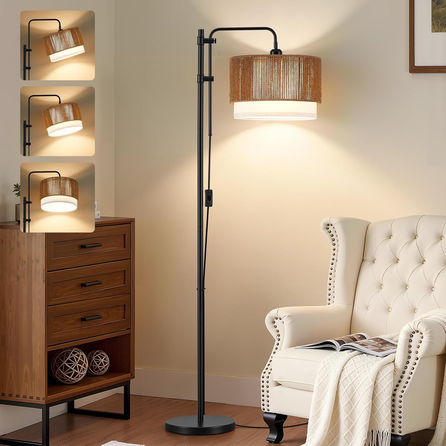 Boho Rattan Arc Farmhouse Floor Lamp
