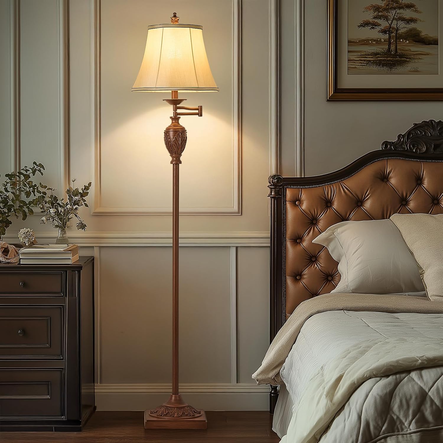 Vintage Swing Arm Silk Shade Floor Lamp