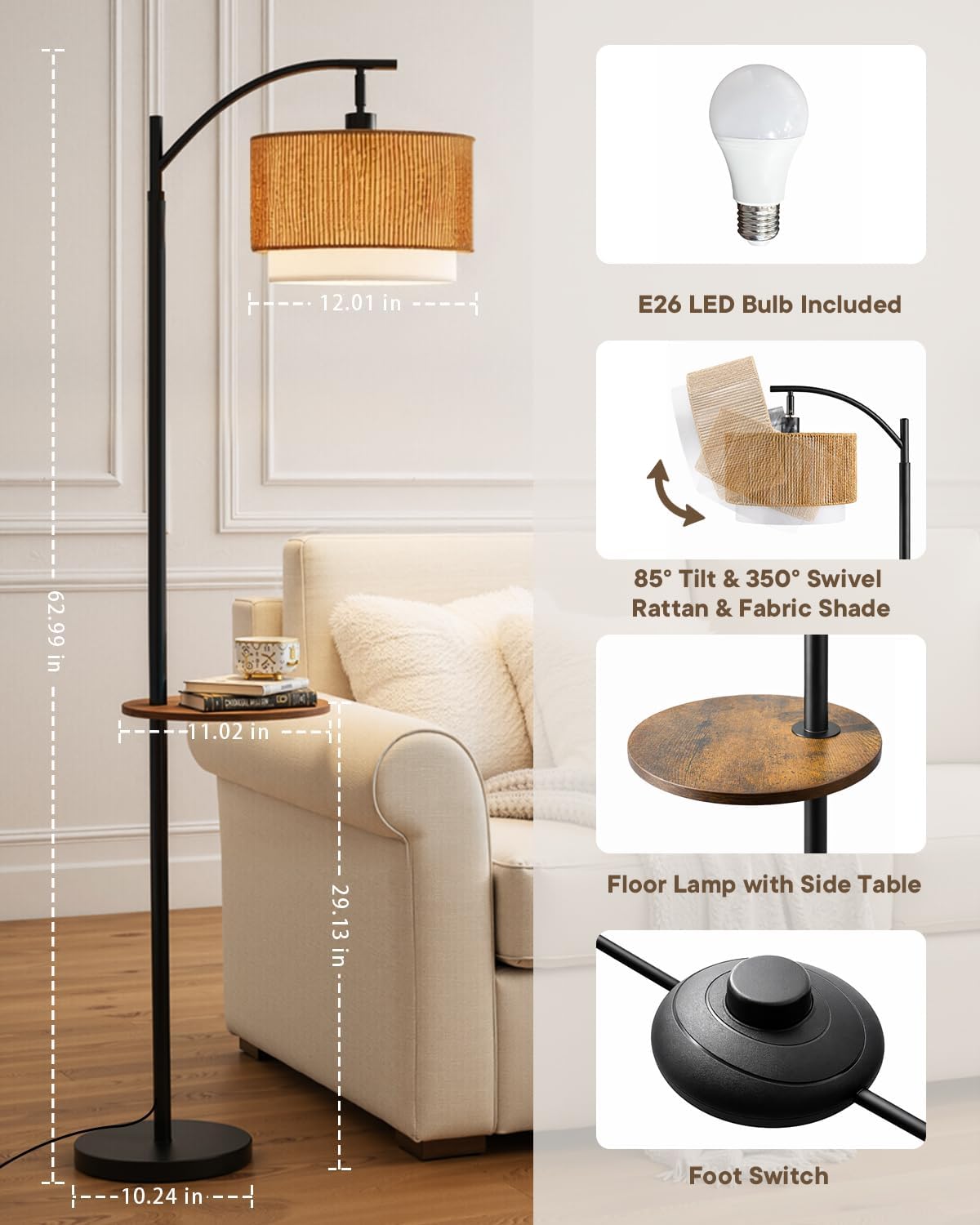Boho Rattan Side Table Arc Floor Lamp