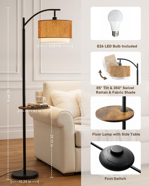 Boho Rattan Side Table Arc Floor Lamp