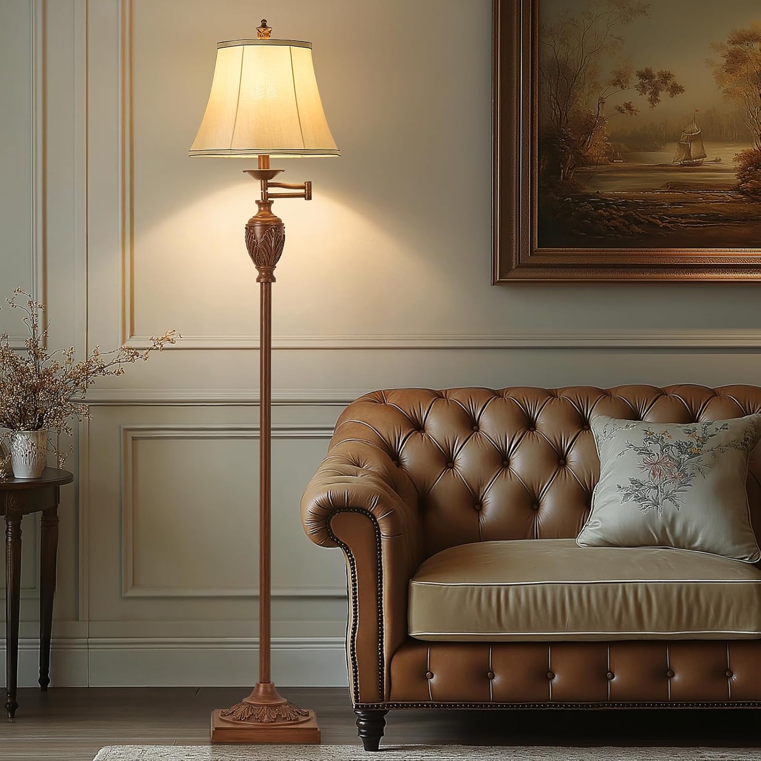 Vintage Swing Arm Silk Shade Floor Lamp