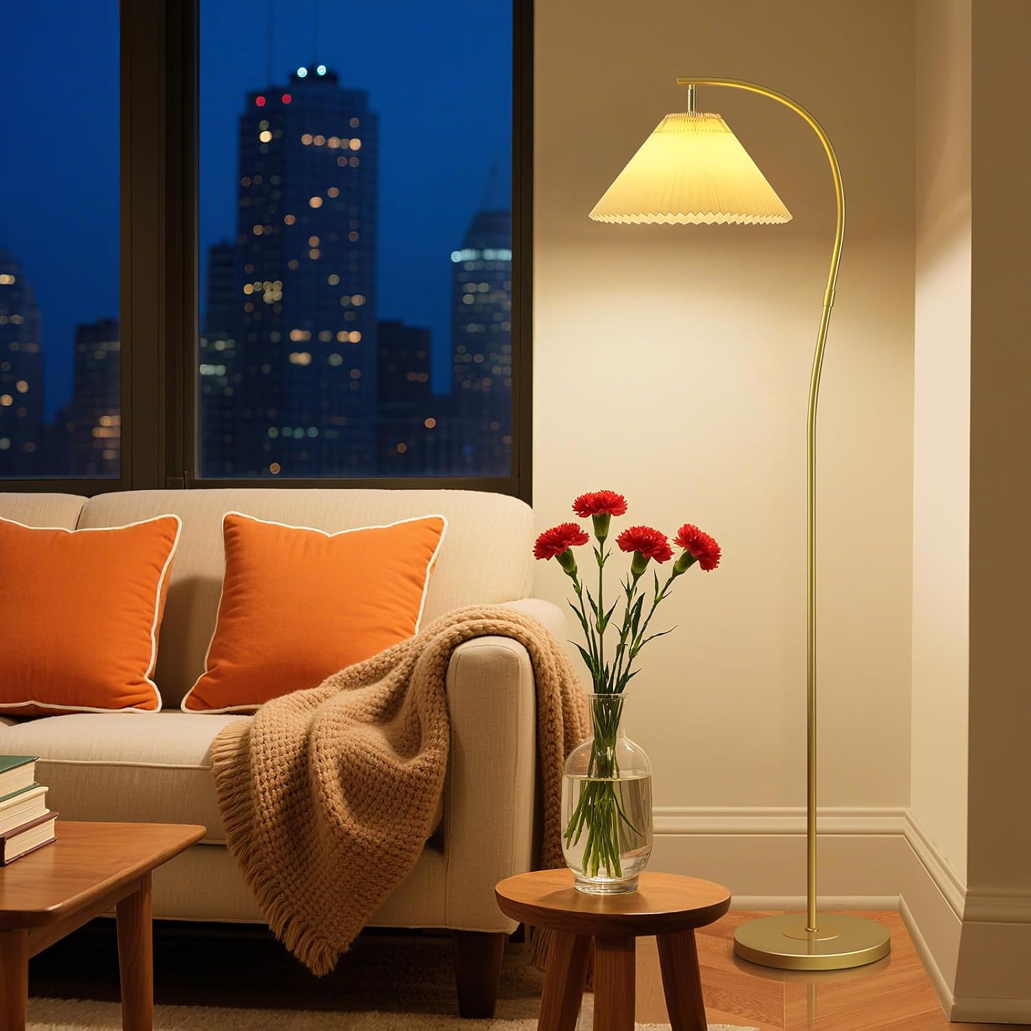Gold Arc Wavy Pleated Shade Floor Lamp
