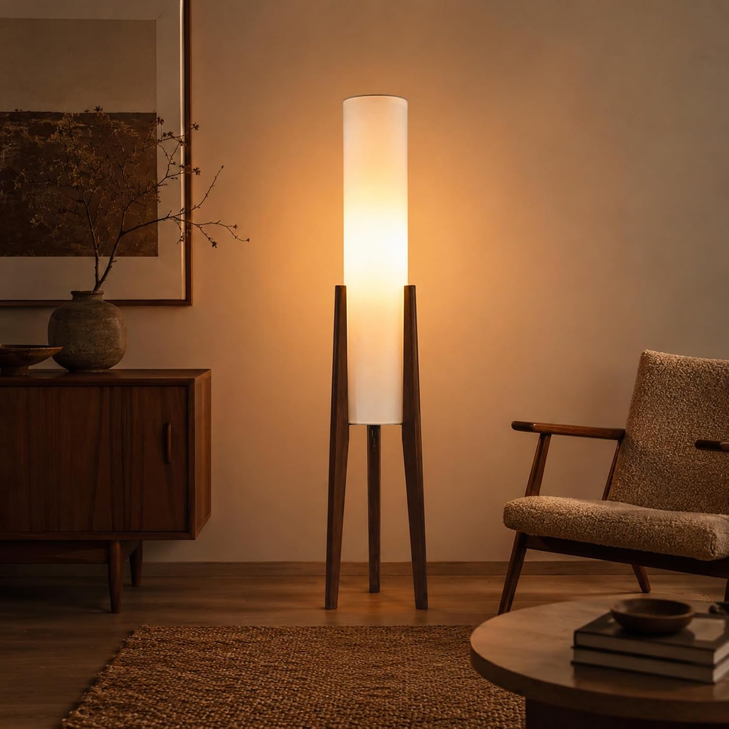 Wood Tripod Drum Shade Farmhouse Floor Lamp