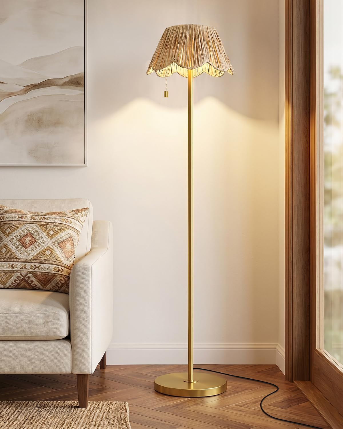 Boho Gold Handwoven Rattan Floor Lamp
