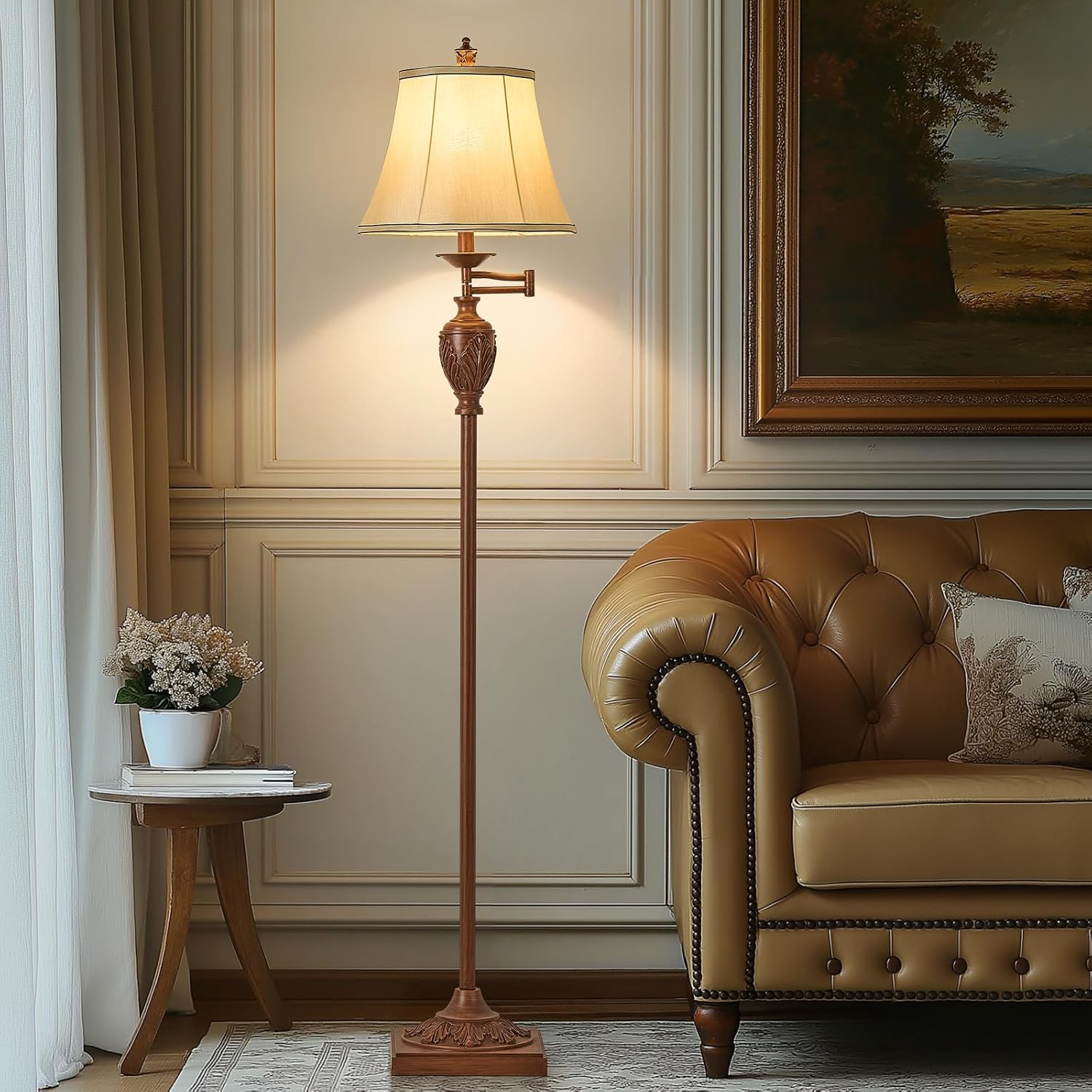 Vintage Swing Arm Silk Shade Floor Lamp