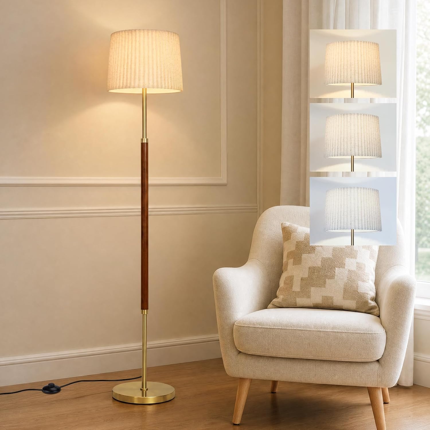 Mid-Century Gold Wood Dual Shade Floor Lamp