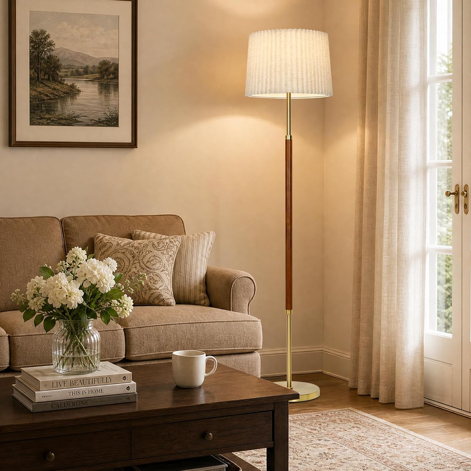 Mid-Century Gold Wood Dual Shade Floor Lamp