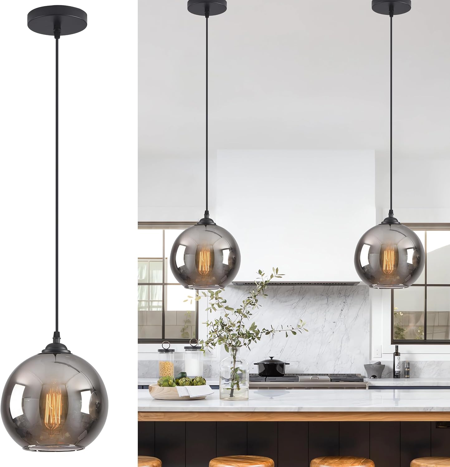 Smoke Grey Globe Black Adjustable Pendant Lamp 7.5in