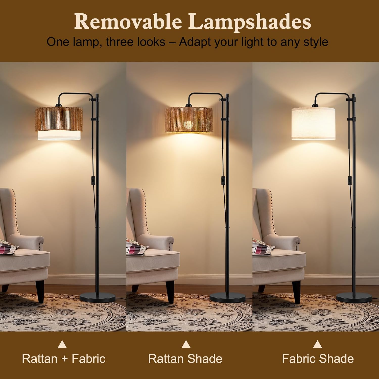 Boho Rattan Arc Farmhouse Floor Lamp