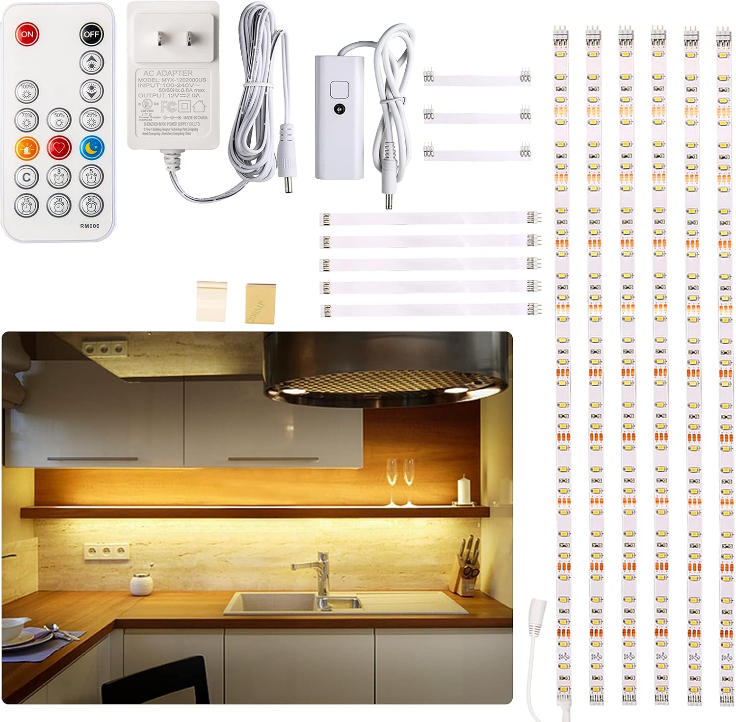 Dimmable Remote Warm Cabinet Light Strips 6 Pack