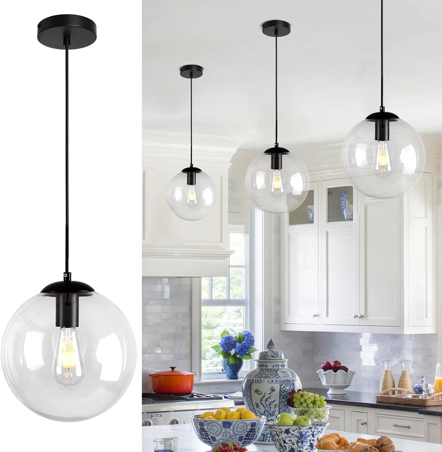 Black Clear Glass Globe Kitchen Pendant Light 10 Inch