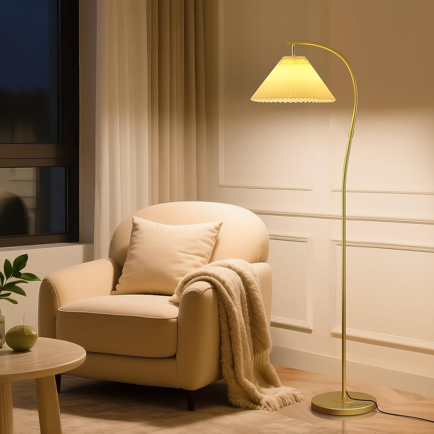 Gold Arc Wavy Pleated Shade Floor Lamp
