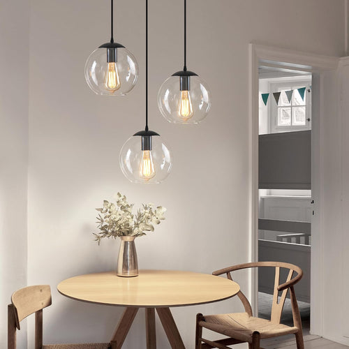 Black Clear Glass Globe 3-Light Pendant Chandelier