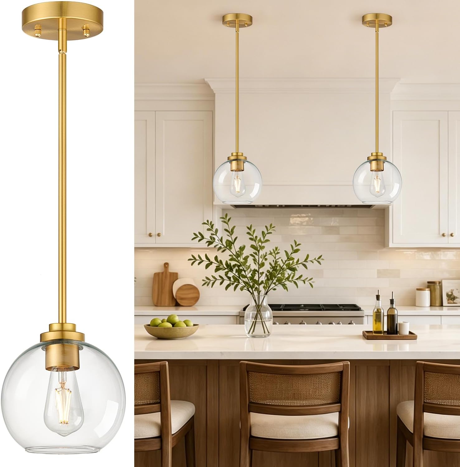 Gold Clear Globe 2 Pack Kitchen Pendant Lights