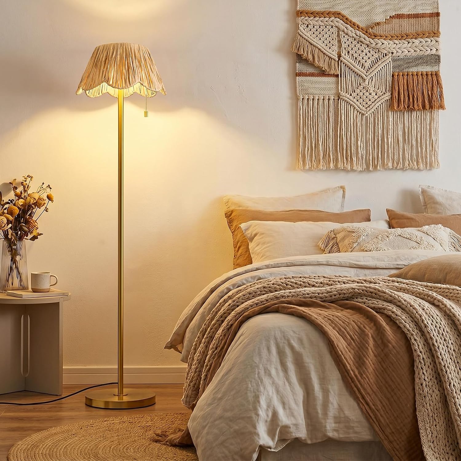Boho Gold Handwoven Rattan Floor Lamp