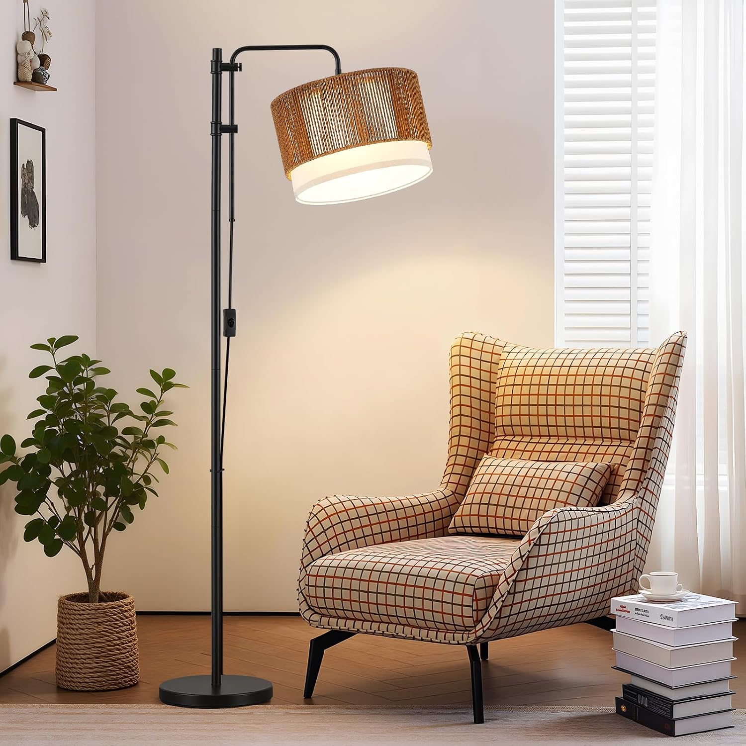 Boho Rattan Arc Farmhouse Floor Lamp