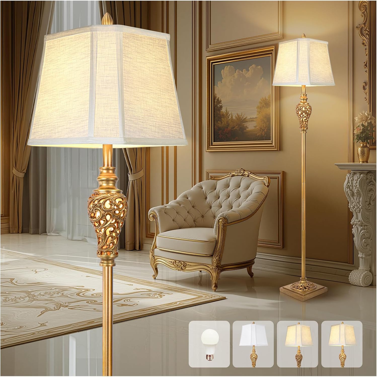 Vintage Gold Linen Shade Floor Lamp Nightlight