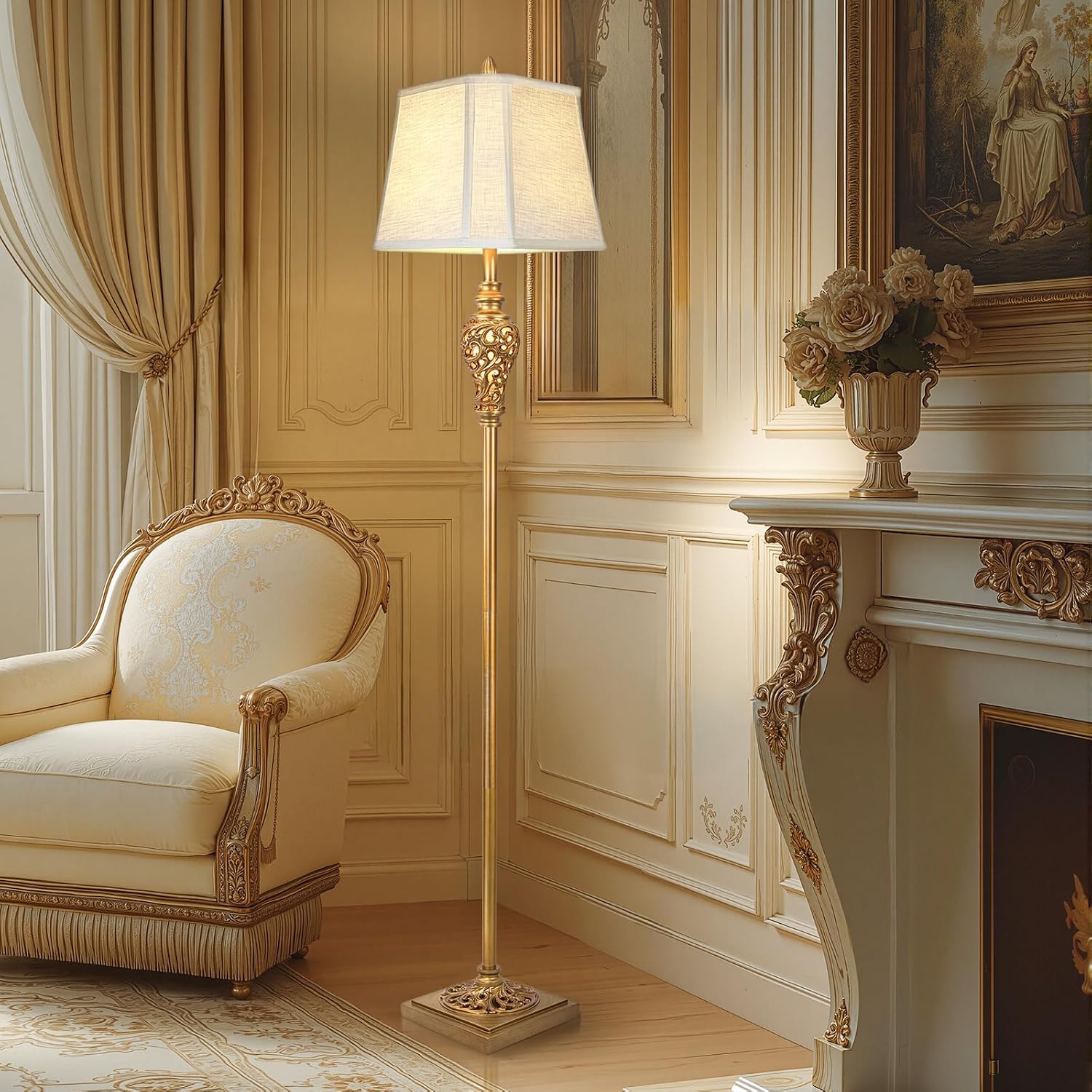Vintage Gold Linen Shade Floor Lamp Nightlight