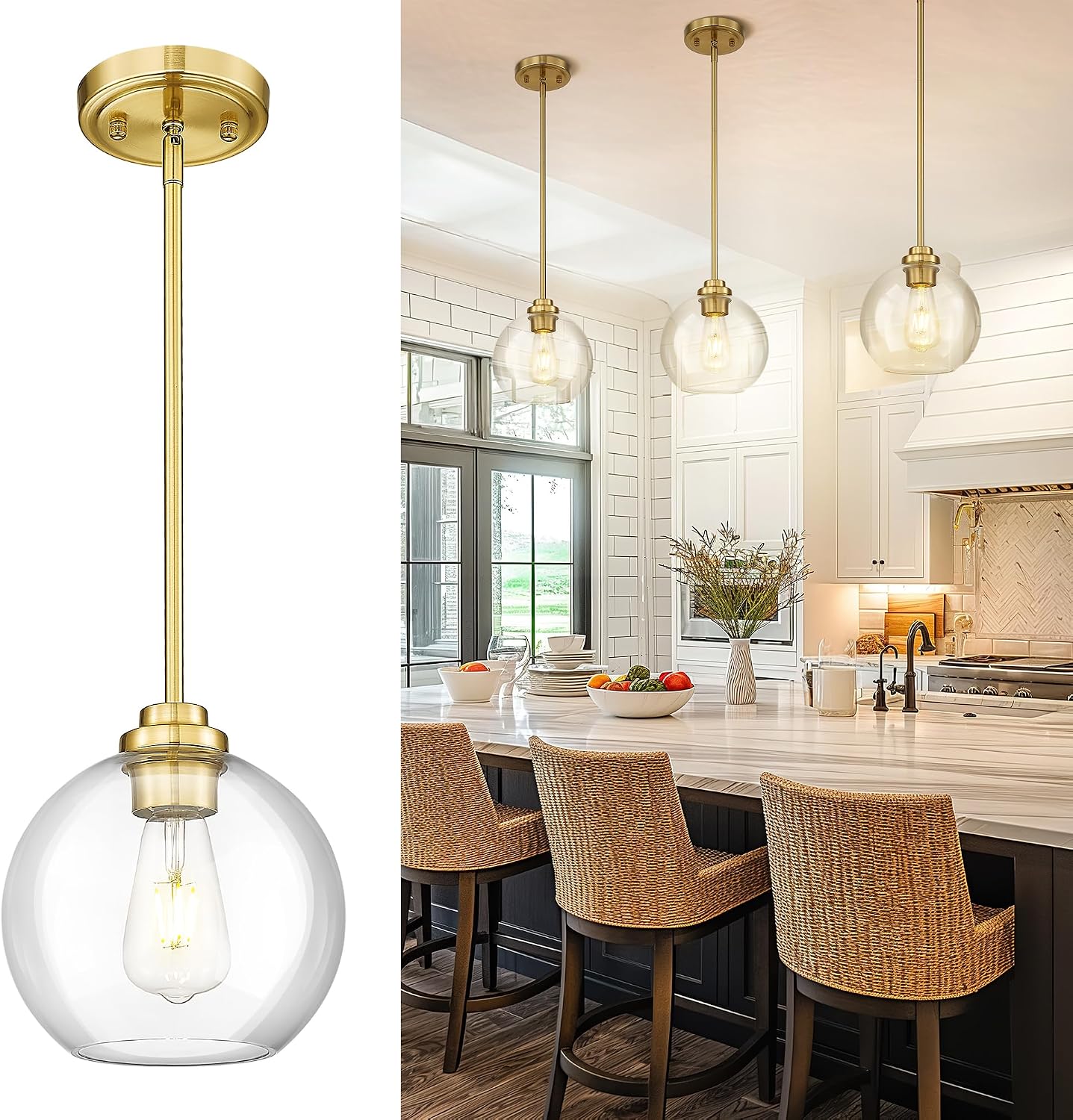 Gold Globe Glass Kitchen Pendant Light Fixture 8 Inch