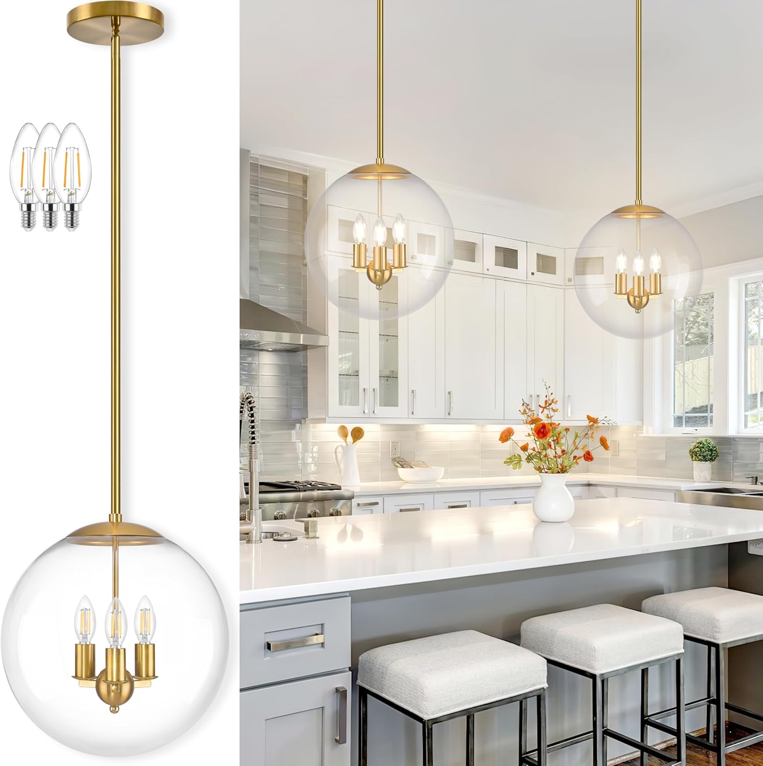 Gold Clear Glass 3-Light Globe Pendant Light