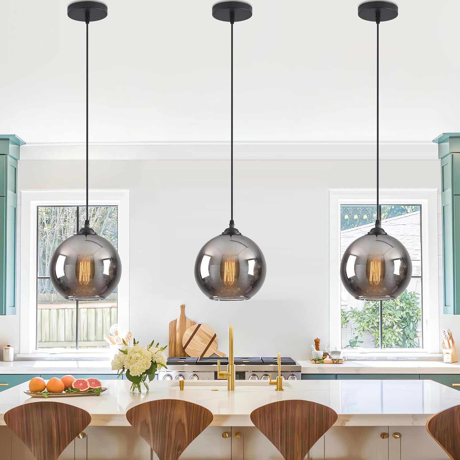 Smoke Grey Globe Black Adjustable Pendant Lamp 7.5in